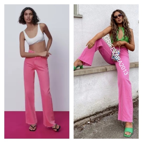 ZARA Bright Pink High Rise Wide Leg Jeans Size 2 NEW Barbie Core - Picture 1 of 13